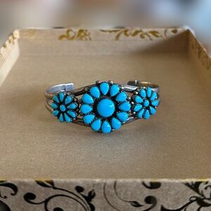 Blue Turquoise Flower Sterling Cuff Bracelet